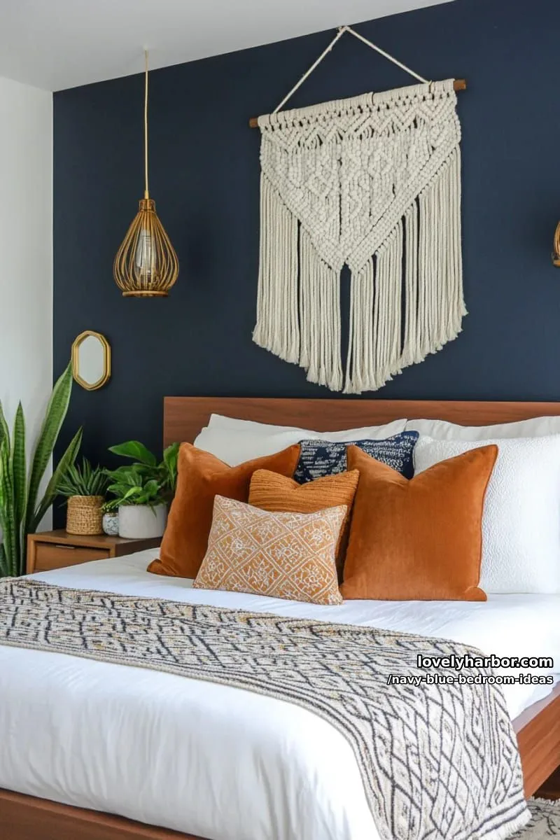 navy blue boho bedroom with macramé wall hangings and layered patterns 1