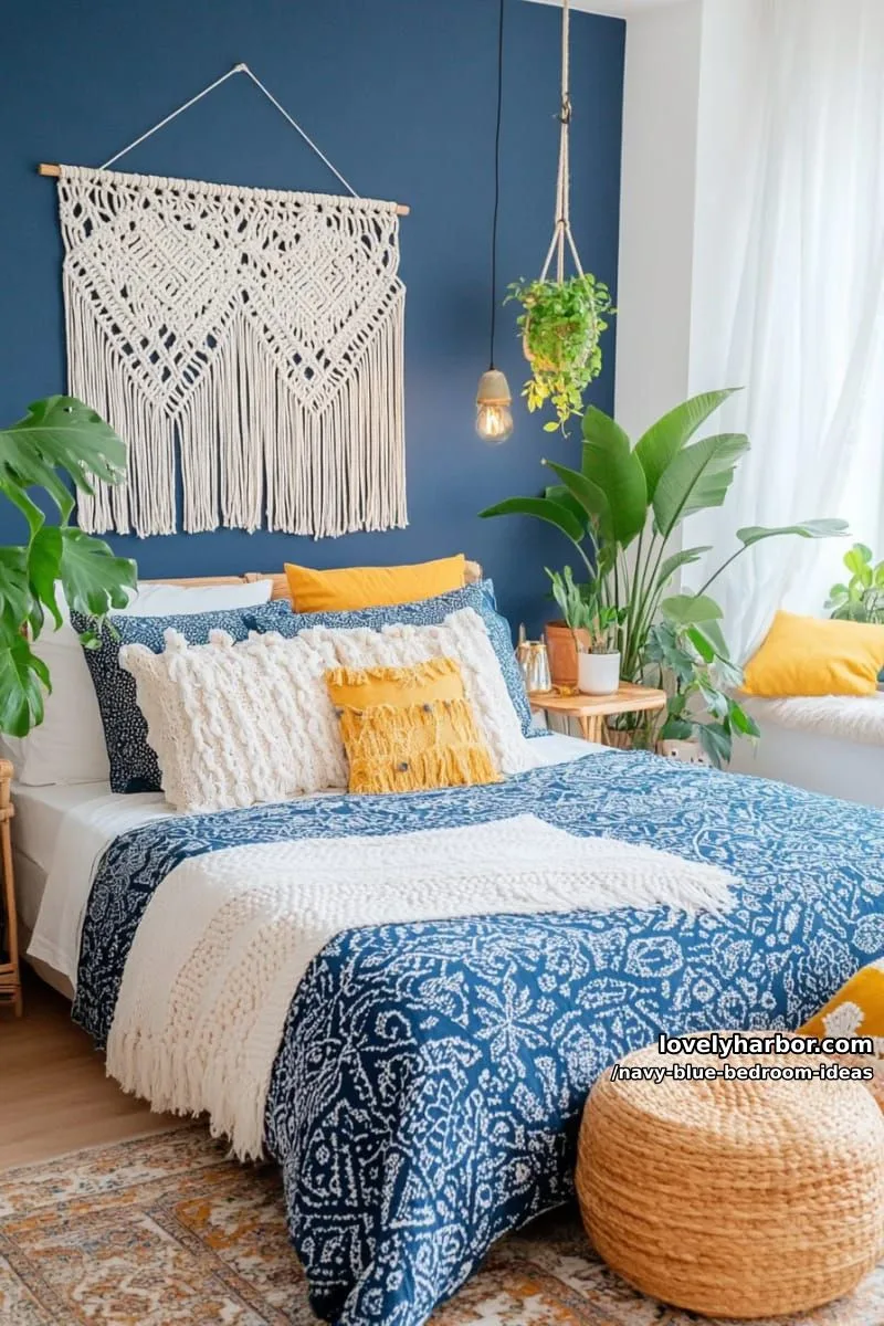 navy blue boho bedroom with macramé wall hangings and layered patterns 1
