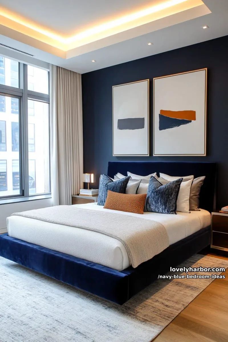 navy blue led strip lighting outlining ceiling for futuristic bedroom mood 1