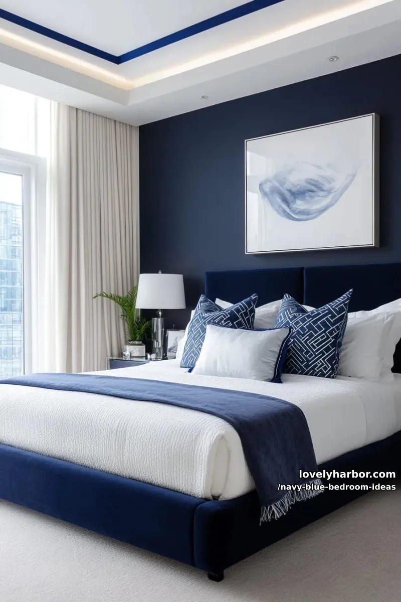 navy blue led strip lighting outlining ceiling for futuristic bedroom mood 1