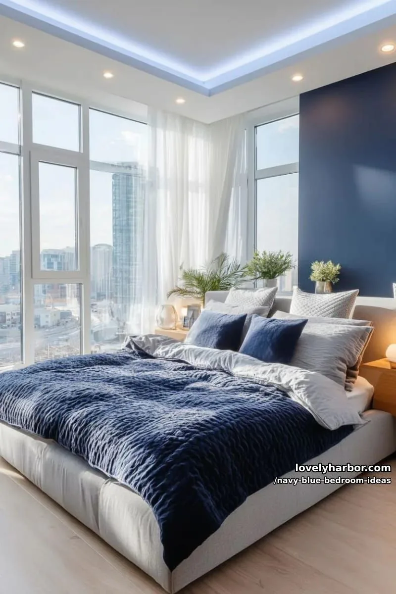navy blue led strip lighting outlining ceiling for futuristic bedroom mood 1