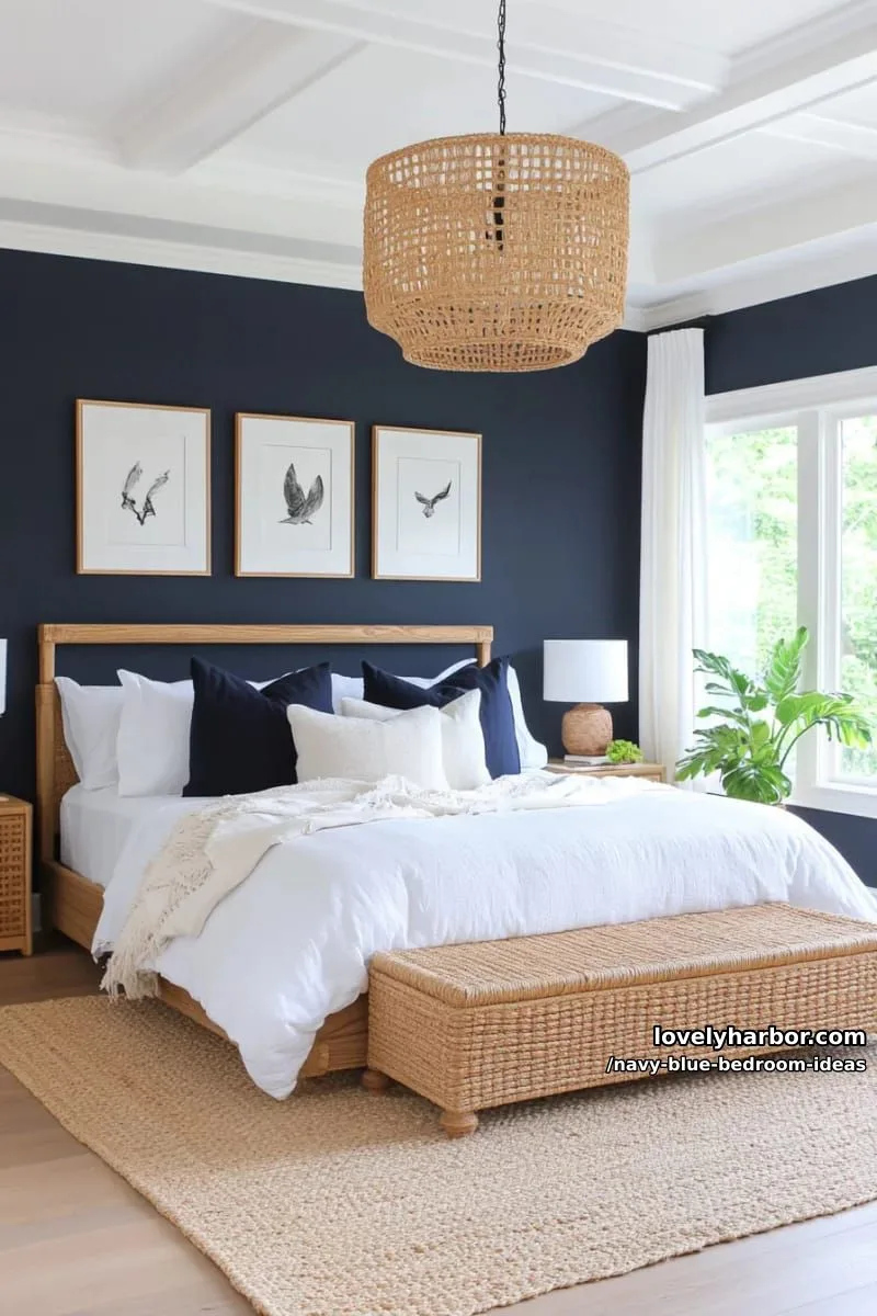 navy blue walls, crisp white trim, and woven rattan pendant lamp 1