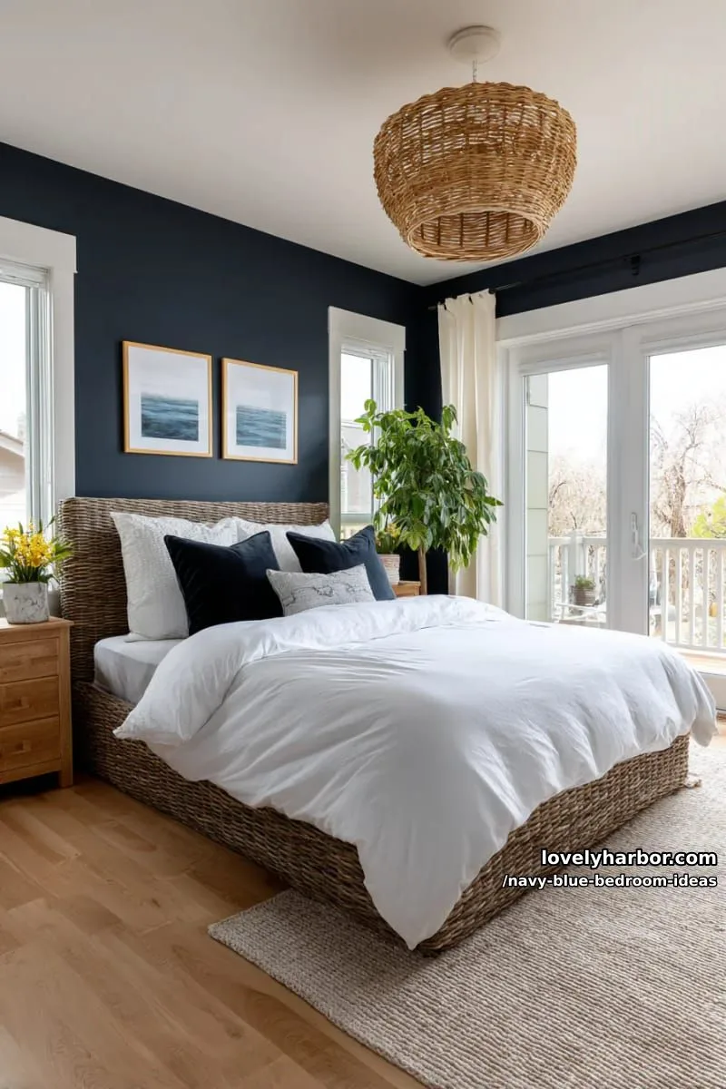 navy blue walls, crisp white trim, and woven rattan pendant lamp 1