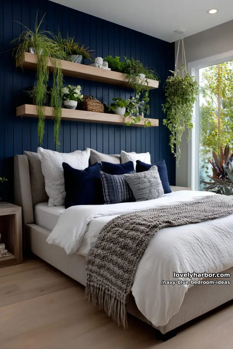 navy paneled wall with floating wooden shelves and hanging indoor plants 1