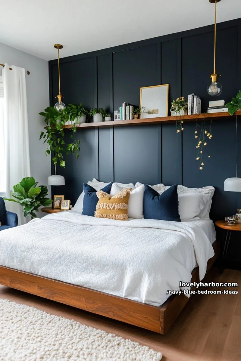 navy paneled wall with floating wooden shelves and hanging indoor plants 1