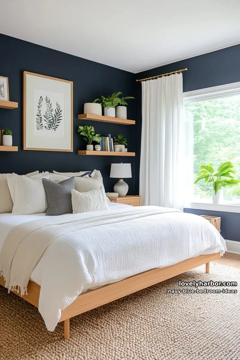 navy paneled wall with floating wooden shelves and hanging indoor plants 1