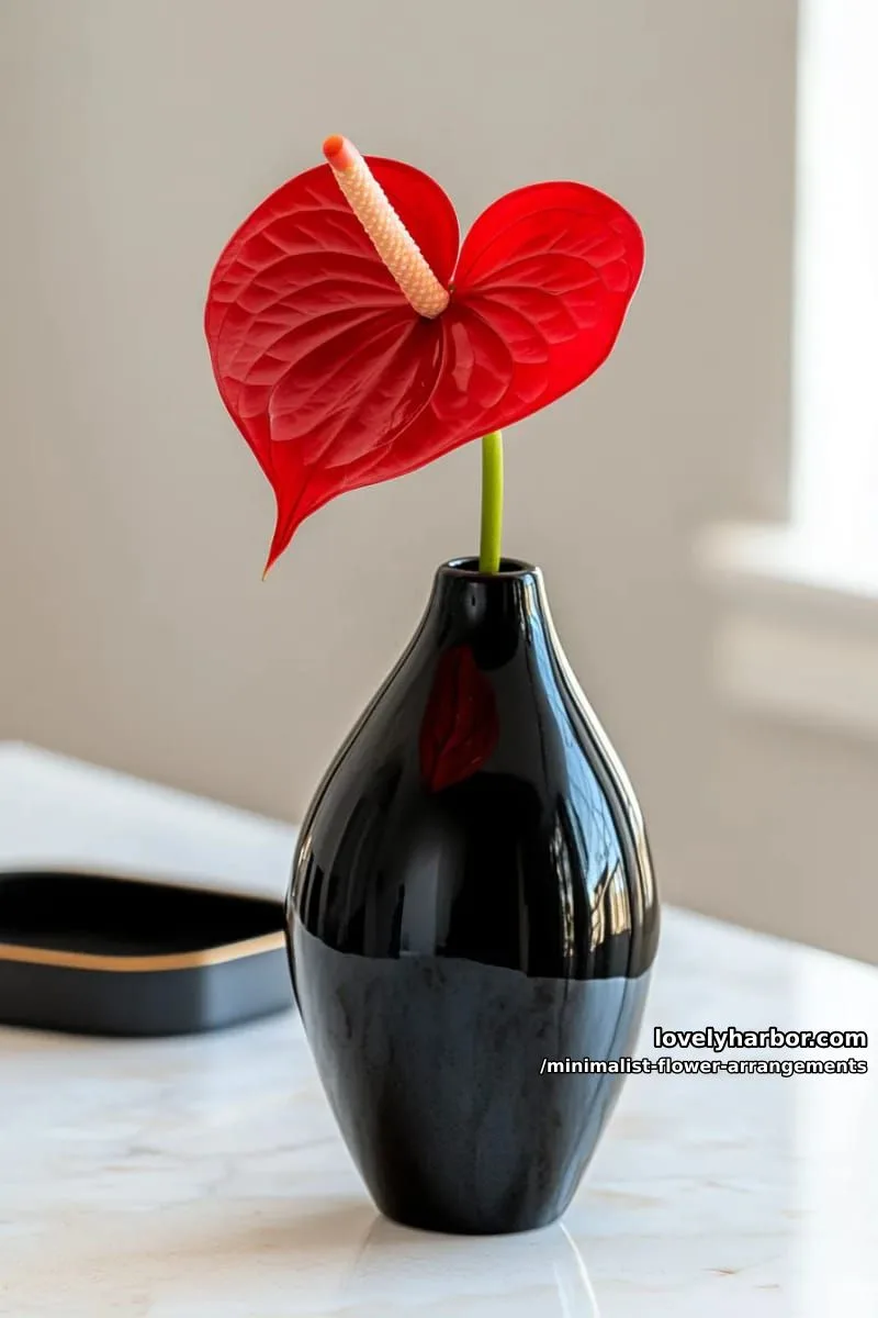15 Chic Minimalist Flower Arrangements: Simple Designs with Huge Impact 14 one red anthurium in black hourglass vase, shadow play 1