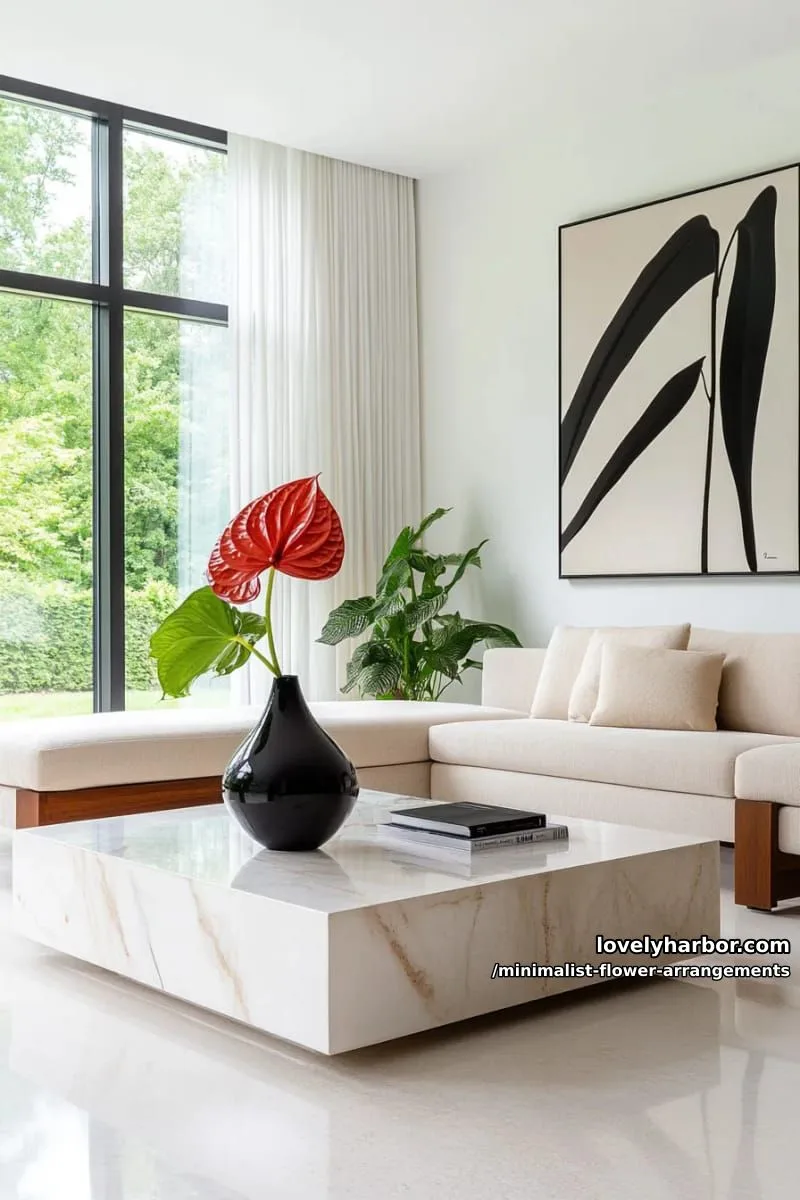 15 Chic Minimalist Flower Arrangements: Simple Designs with Huge Impact 15 one red anthurium in black hourglass vase, shadow play 1