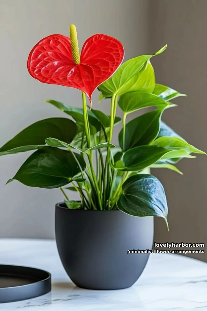 15 Chic Minimalist Flower Arrangements: Simple Designs with Huge Impact 16 one red anthurium in black hourglass vase, shadow play 1