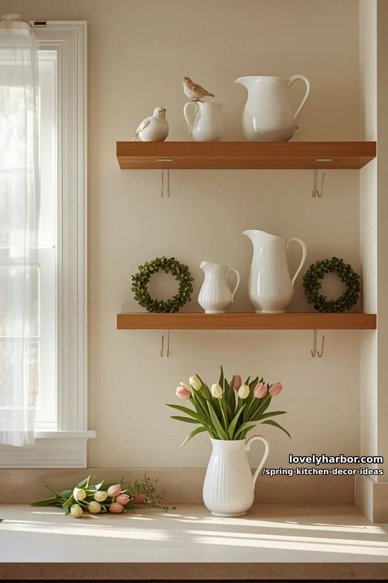 open shelving styled with white pitchers, bird figurines, and mini wreaths 1