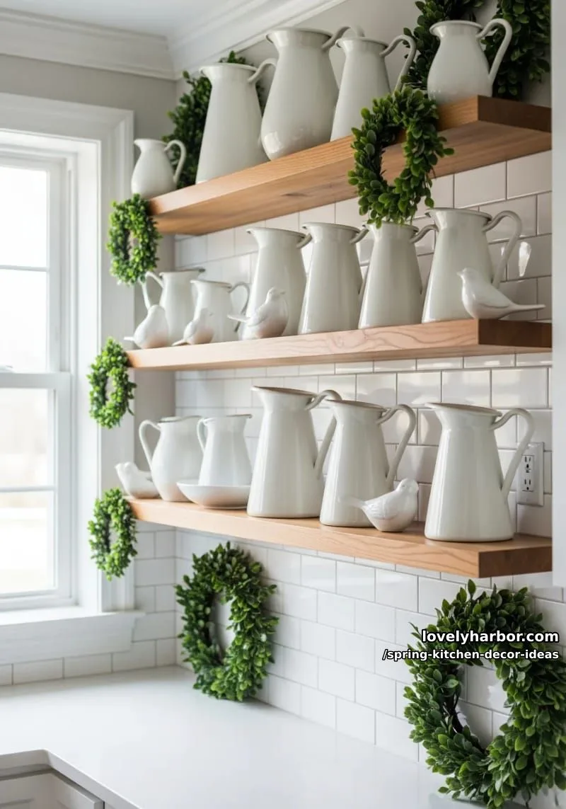 open shelving styled with white pitchers, bird figurines, and mini wreaths 1