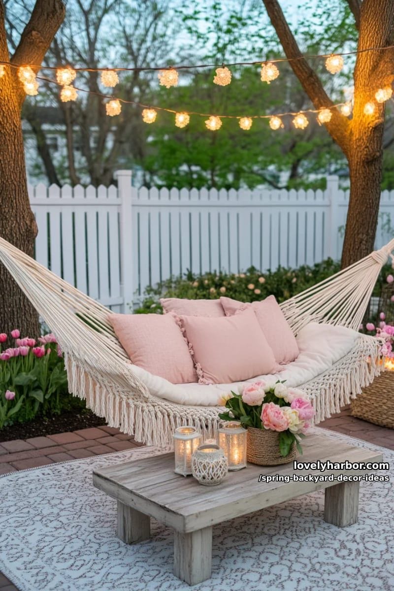 outdoor lounge with macramé hammocks and blush pink pillows under string lights 1