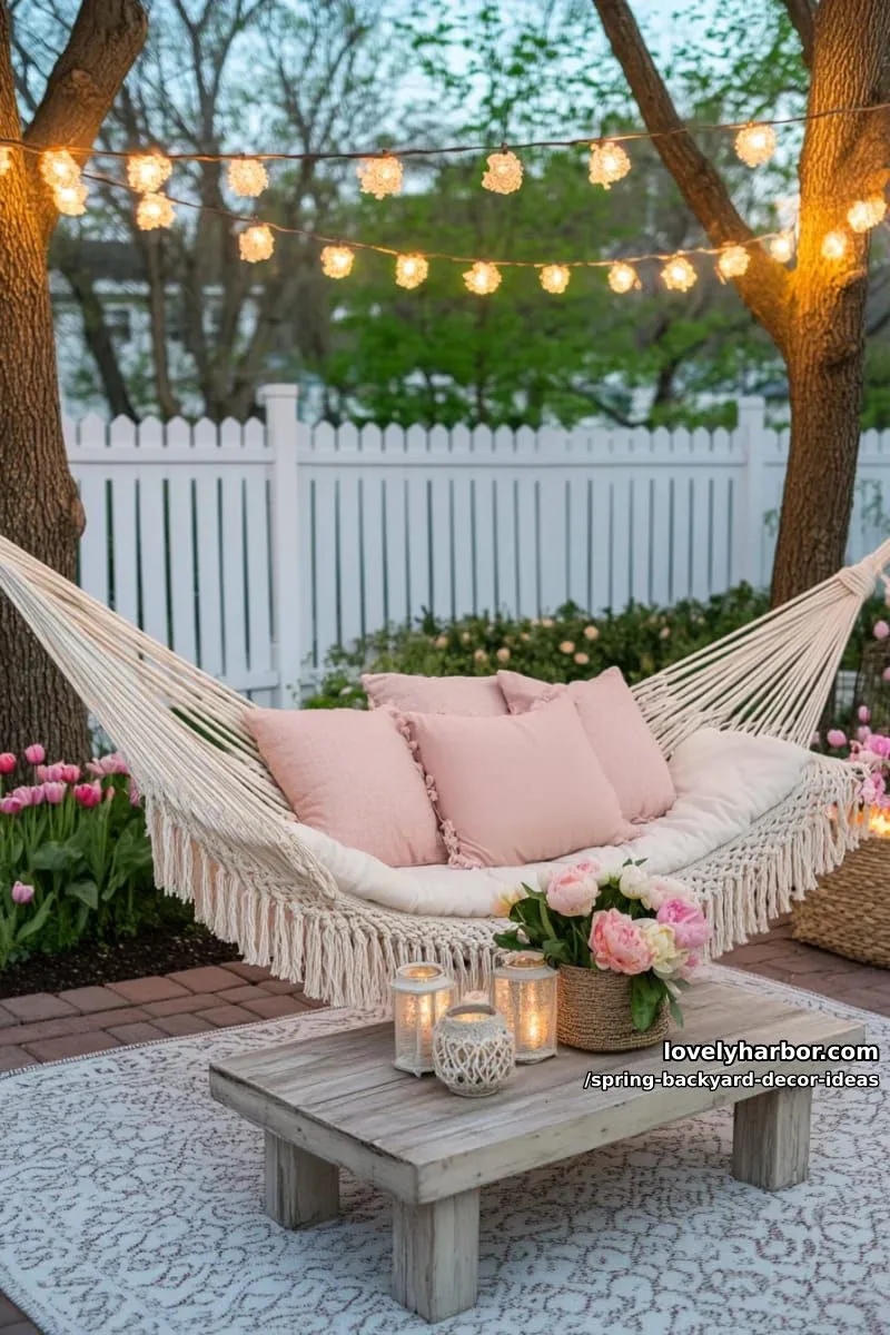 15 Spring Backyard Decor Ideas for Effortless Charm 14 outdoor lounge with macramé hammocks and blush pink pillows under string lights 1