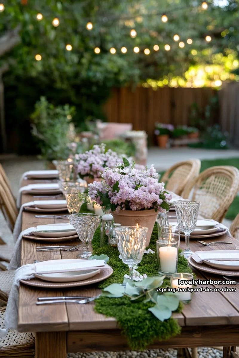 outdoor table decorated with moss runners, glass candle holders, and fresh lilacs 1