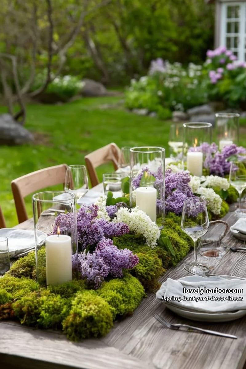 outdoor table decorated with moss runners, glass candle holders, and fresh lilacs 1