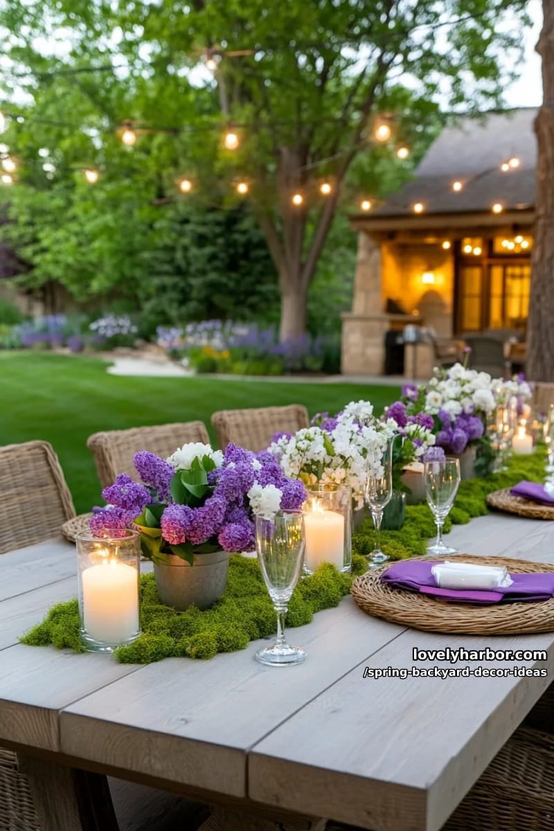 outdoor table decorated with moss runners, glass candle holders, and fresh lilacs 1