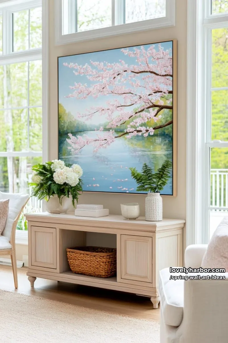 oversized canvas featuring a blooming cherry blossom branch over a river landscape 1