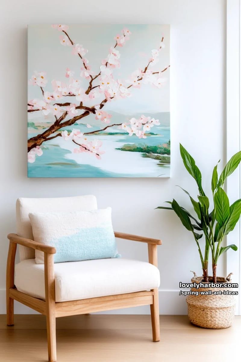 oversized canvas featuring a blooming cherry blossom branch over a river landscape 1