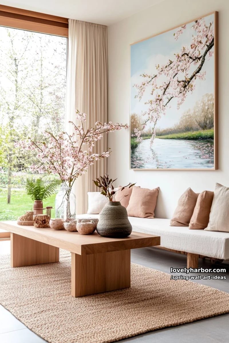 oversized canvas featuring a blooming cherry blossom branch over a river landscape 1