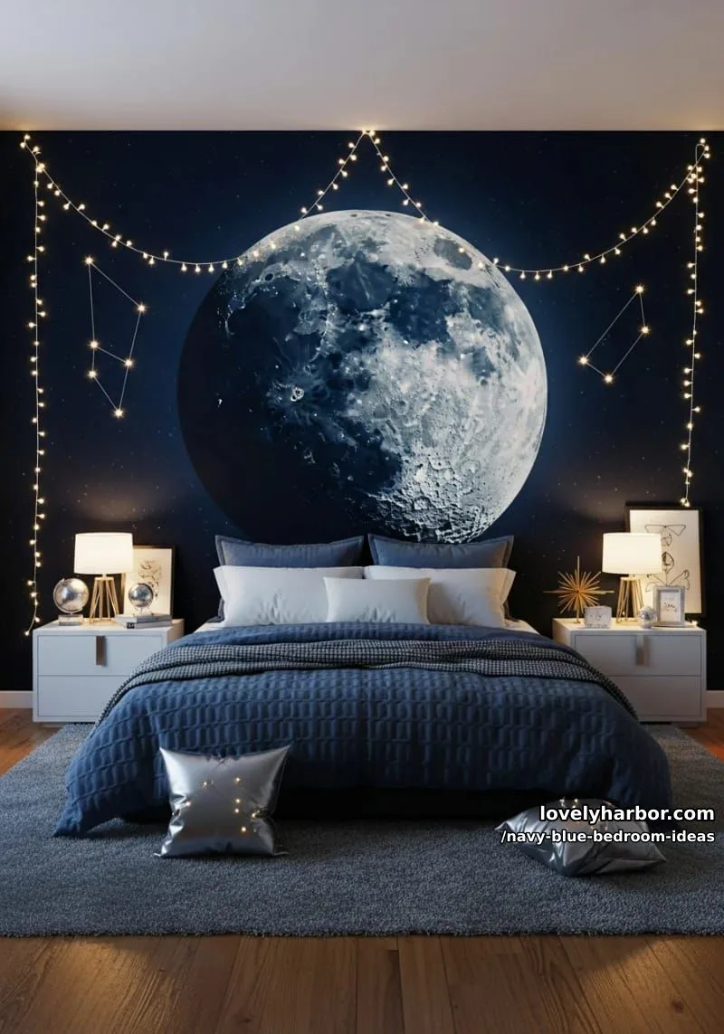 oversized moon mural on navy blue wall paired with twinkling fairy lights 1