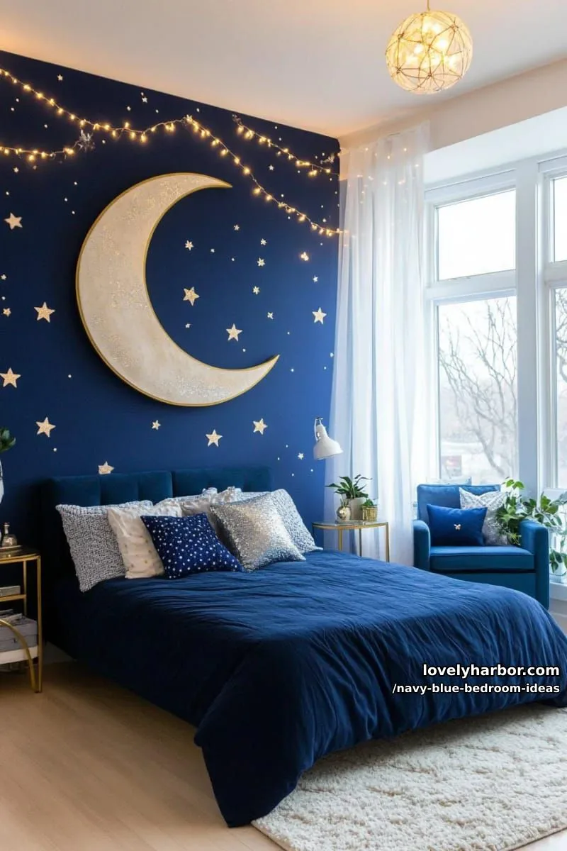 oversized moon mural on navy blue wall paired with twinkling fairy lights 1