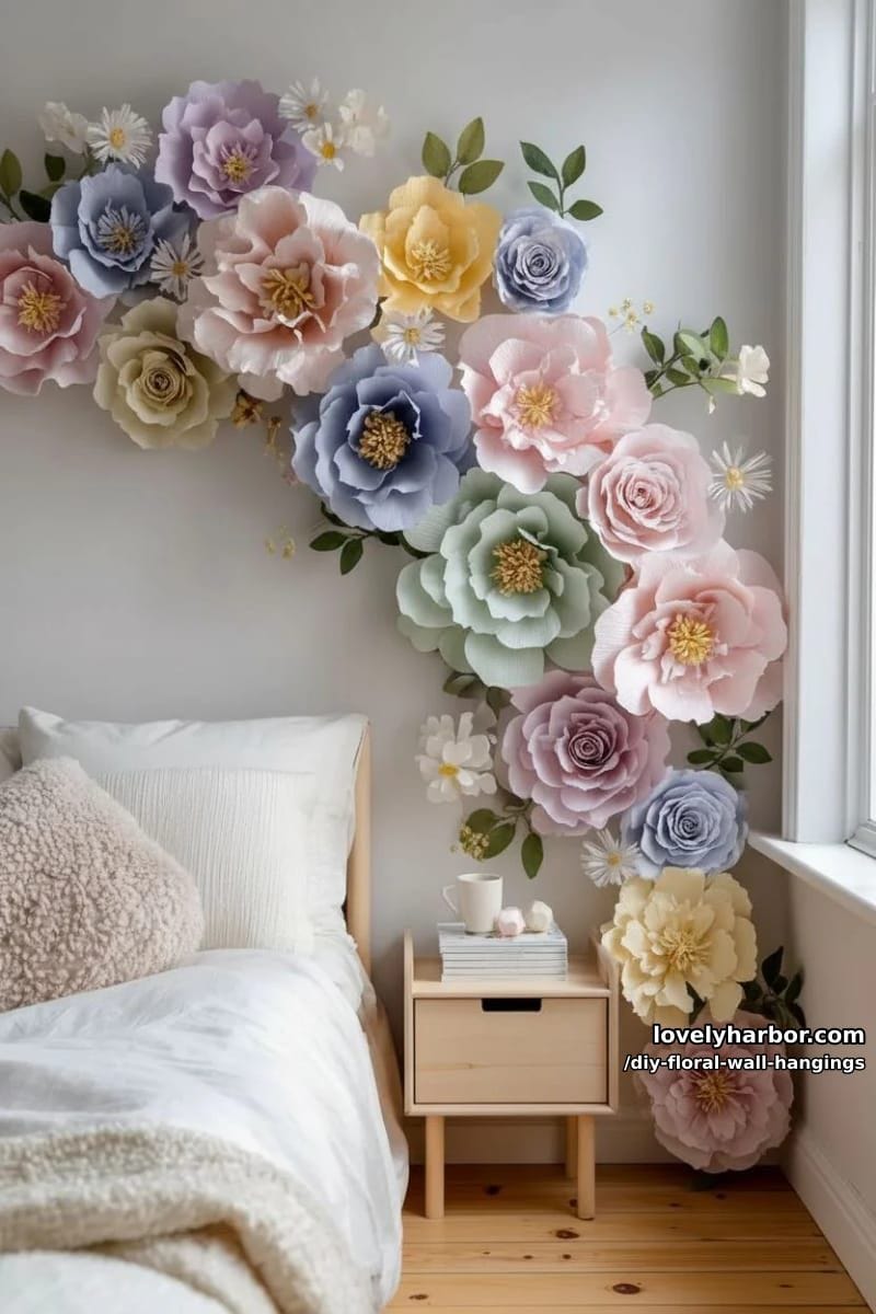 oversized pastel paper flower wall cascade for a whimsical bedroom statement 1