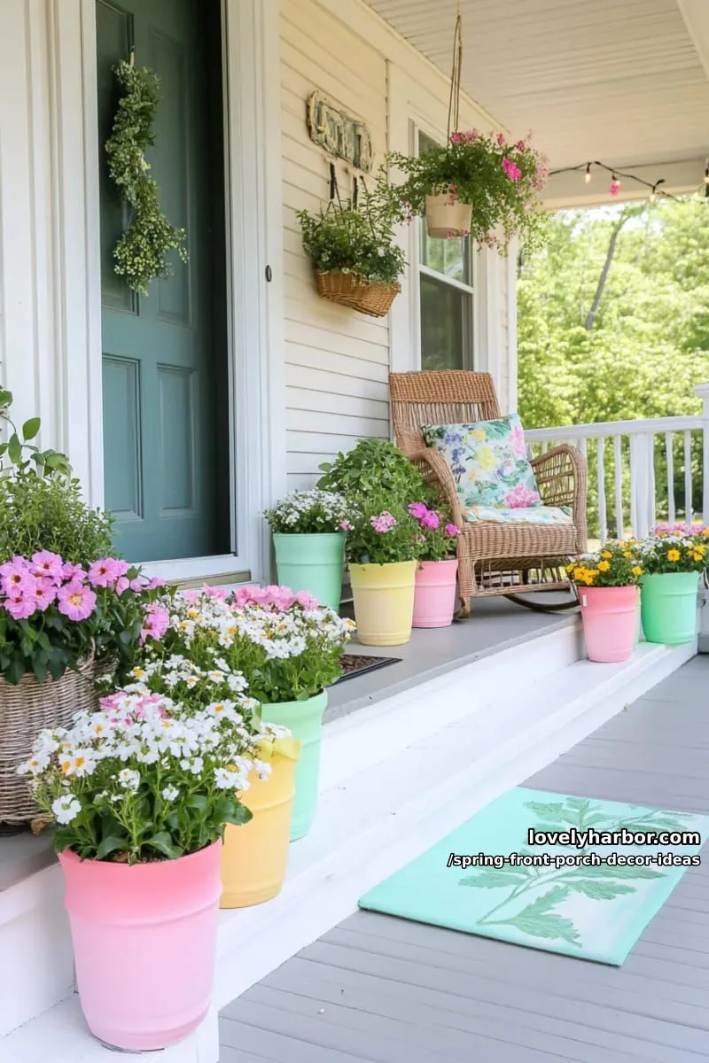 painted terra cotta pots in ombre spring tones grouped by the steps 1