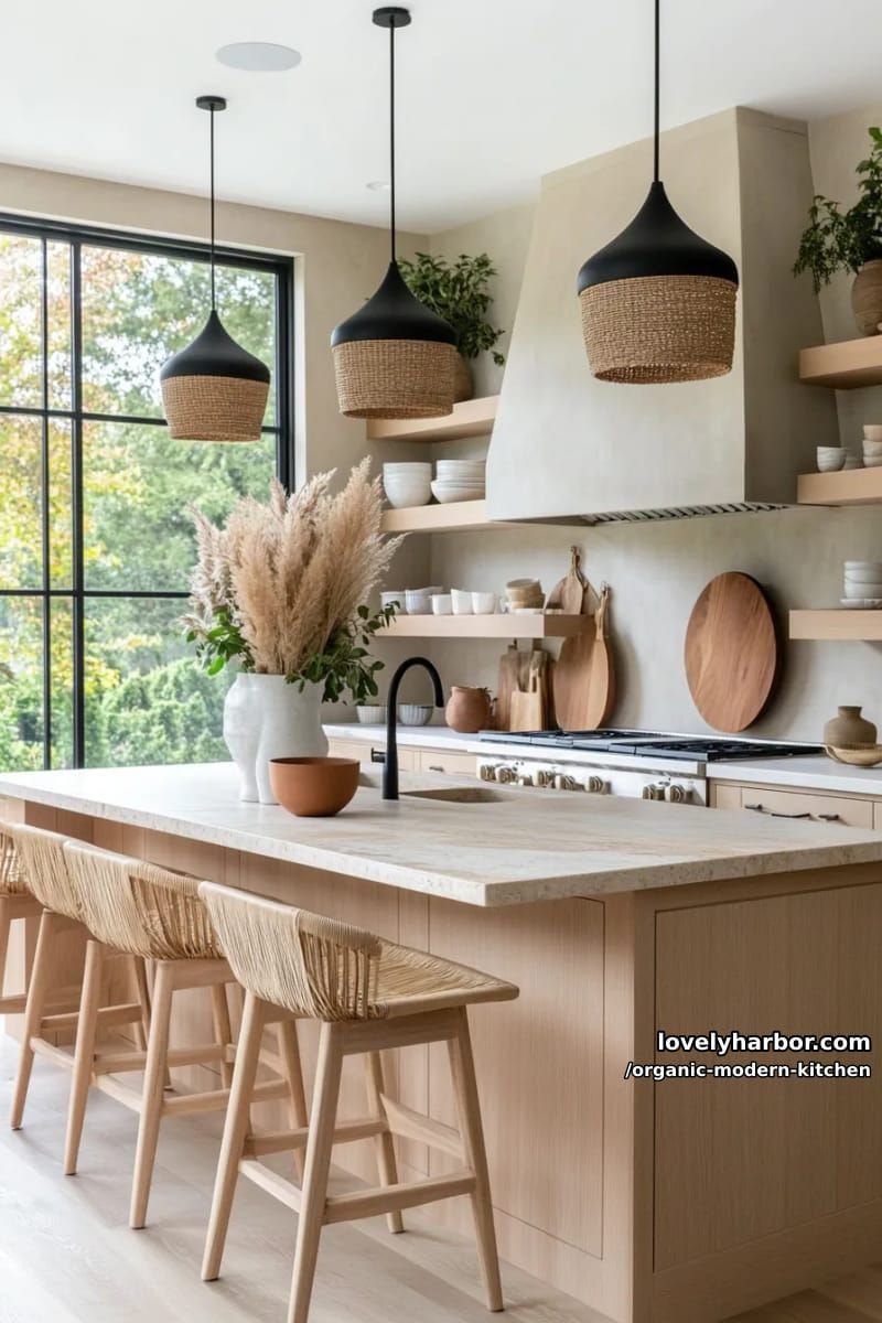 pair matte black fixtures with soft beige plastered walls and floating shelves. 1