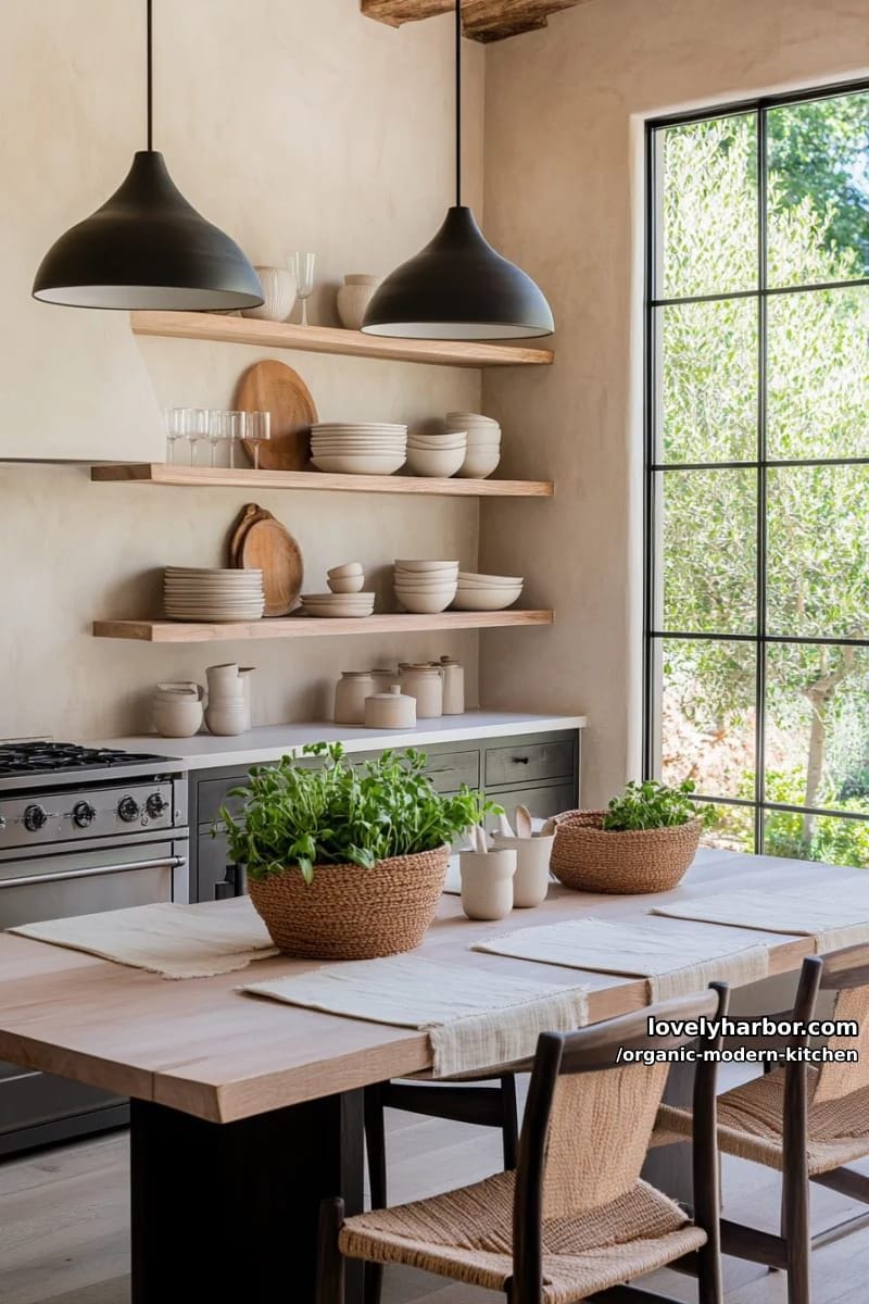 pair matte black fixtures with soft beige plastered walls and floating shelves. 1