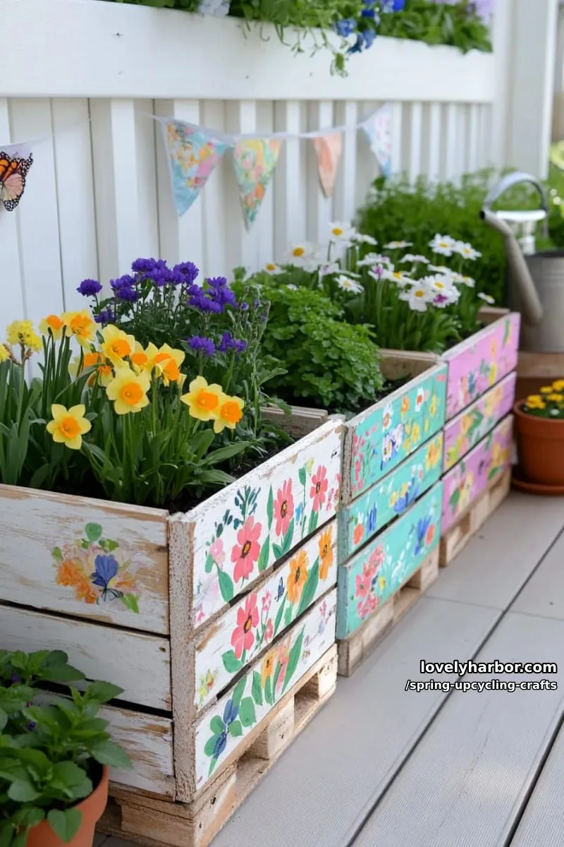 pallet wood flower boxes with hand-painted spring patterns 1