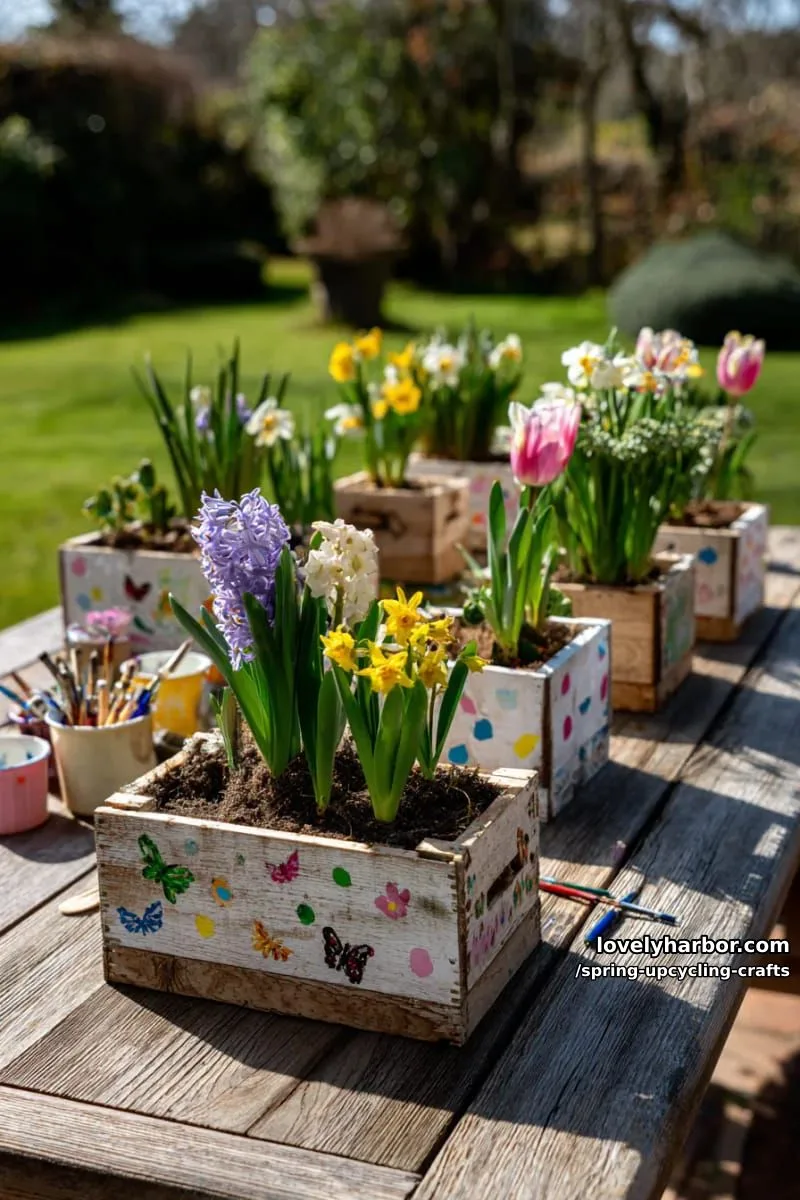 pallet wood flower boxes with hand-painted spring patterns 1