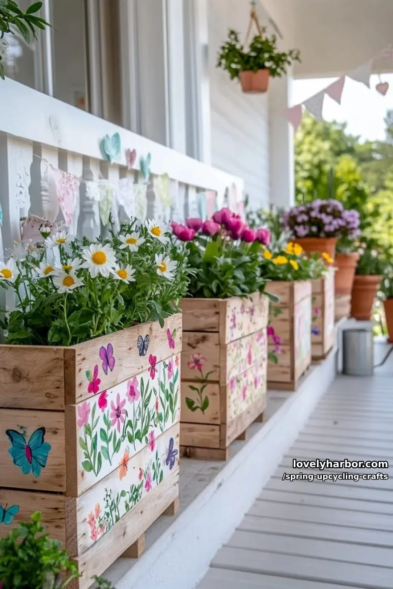 pallet wood flower boxes with hand-painted spring patterns 1