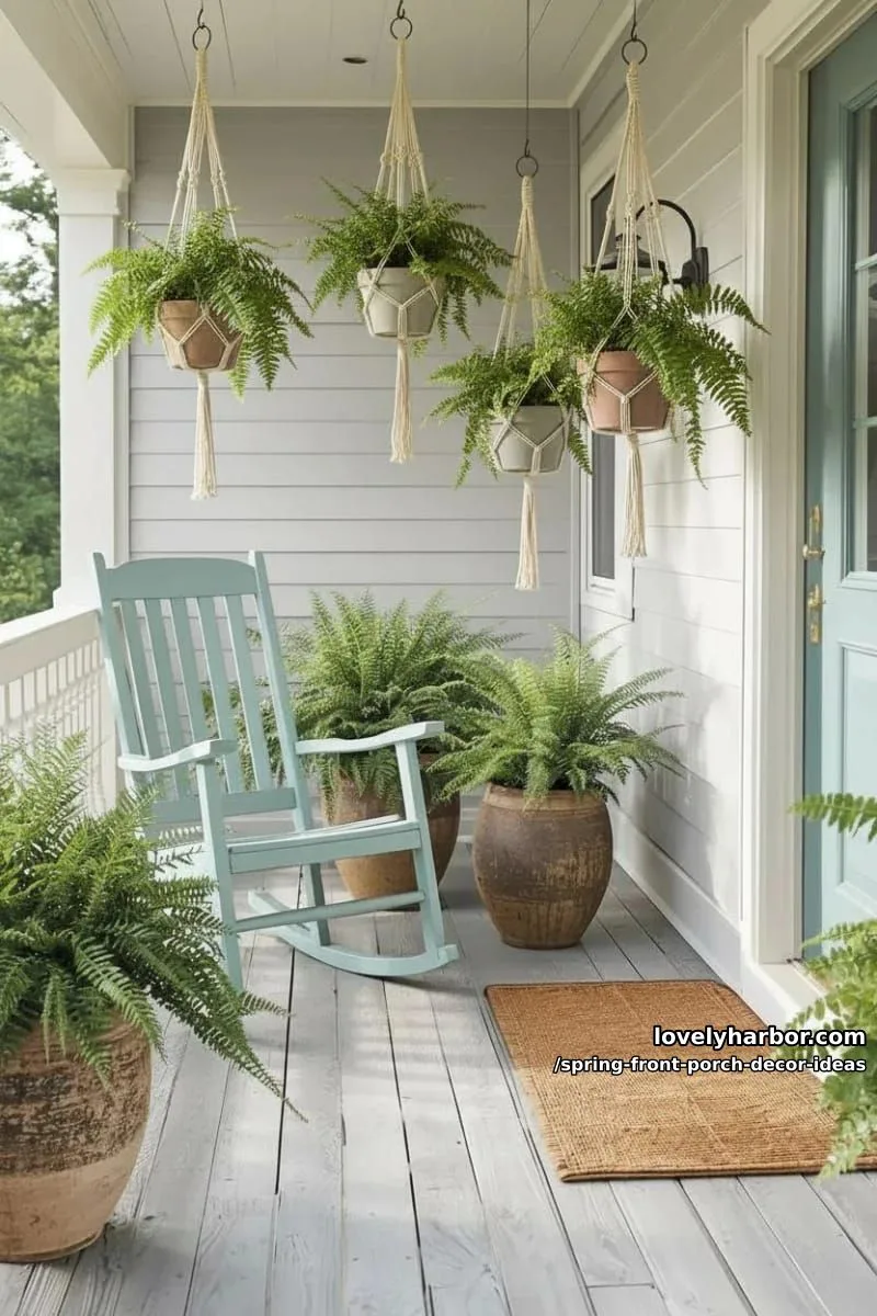 pastel blue rocking chairs surrounded by lush green ferns 1