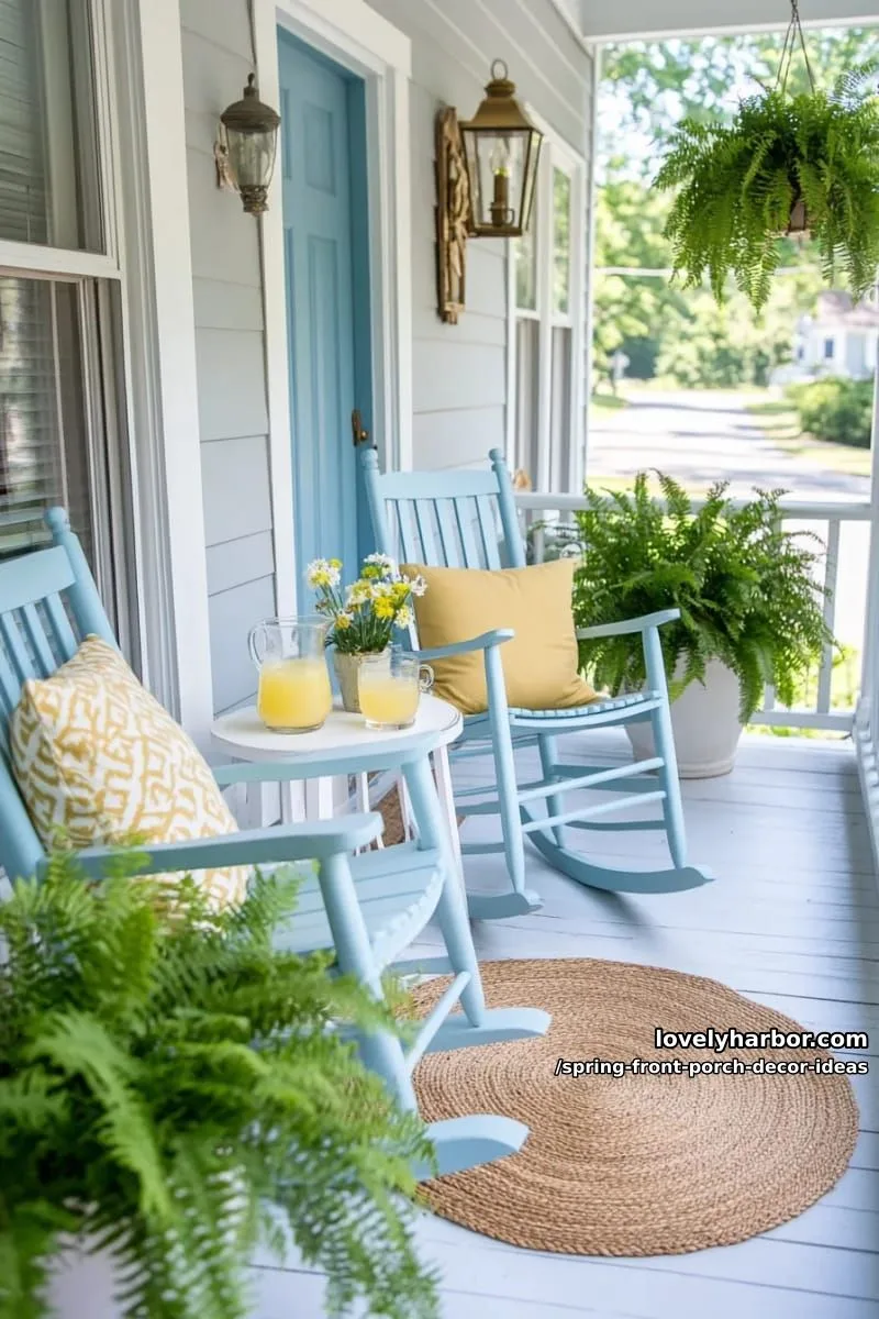 pastel blue rocking chairs surrounded by lush green ferns 1