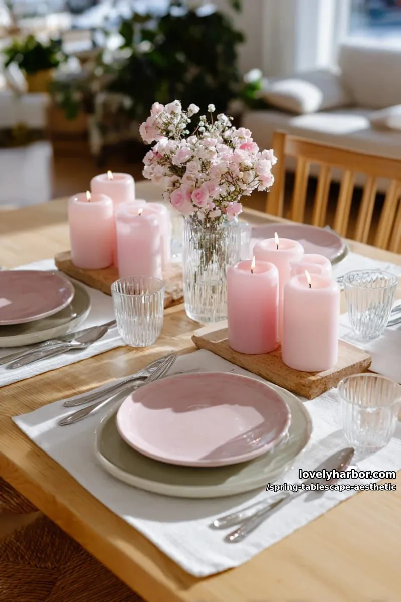 pastel candle clusters paired with blush and mint green ceramic plates 1