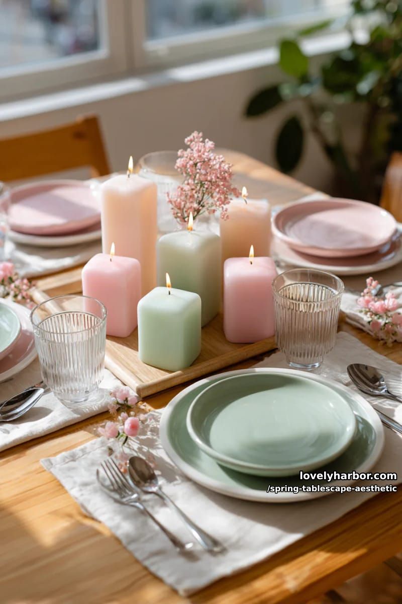 pastel candle clusters paired with blush and mint green ceramic plates 1