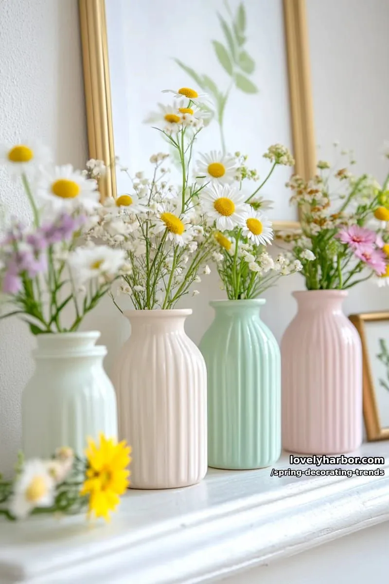 pastel ceramic vases clustered on a mantel with wildflower sprigs 1