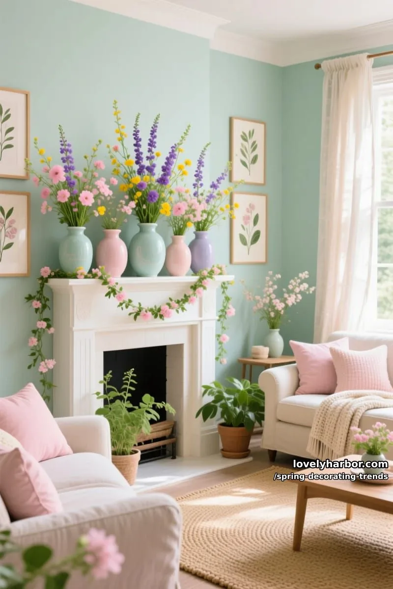 pastel ceramic vases clustered on a mantel with wildflower sprigs 1