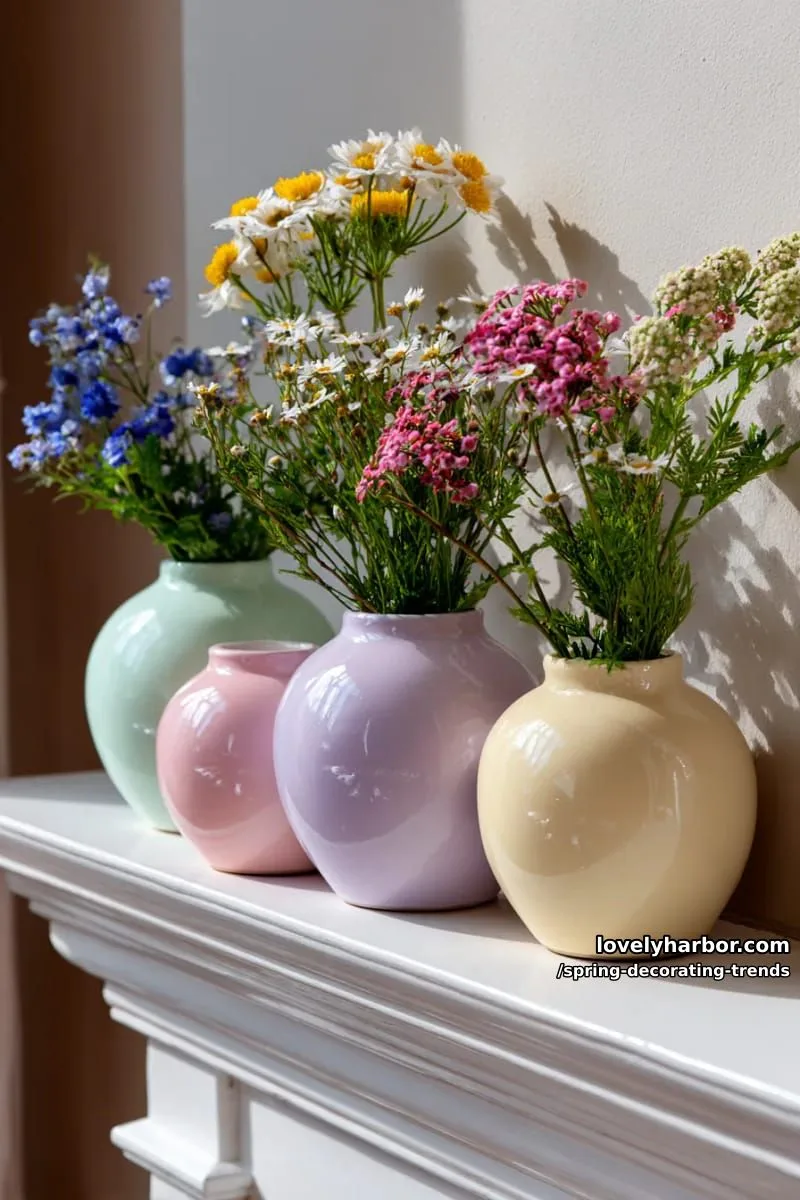 pastel ceramic vases clustered on a mantel with wildflower sprigs 1