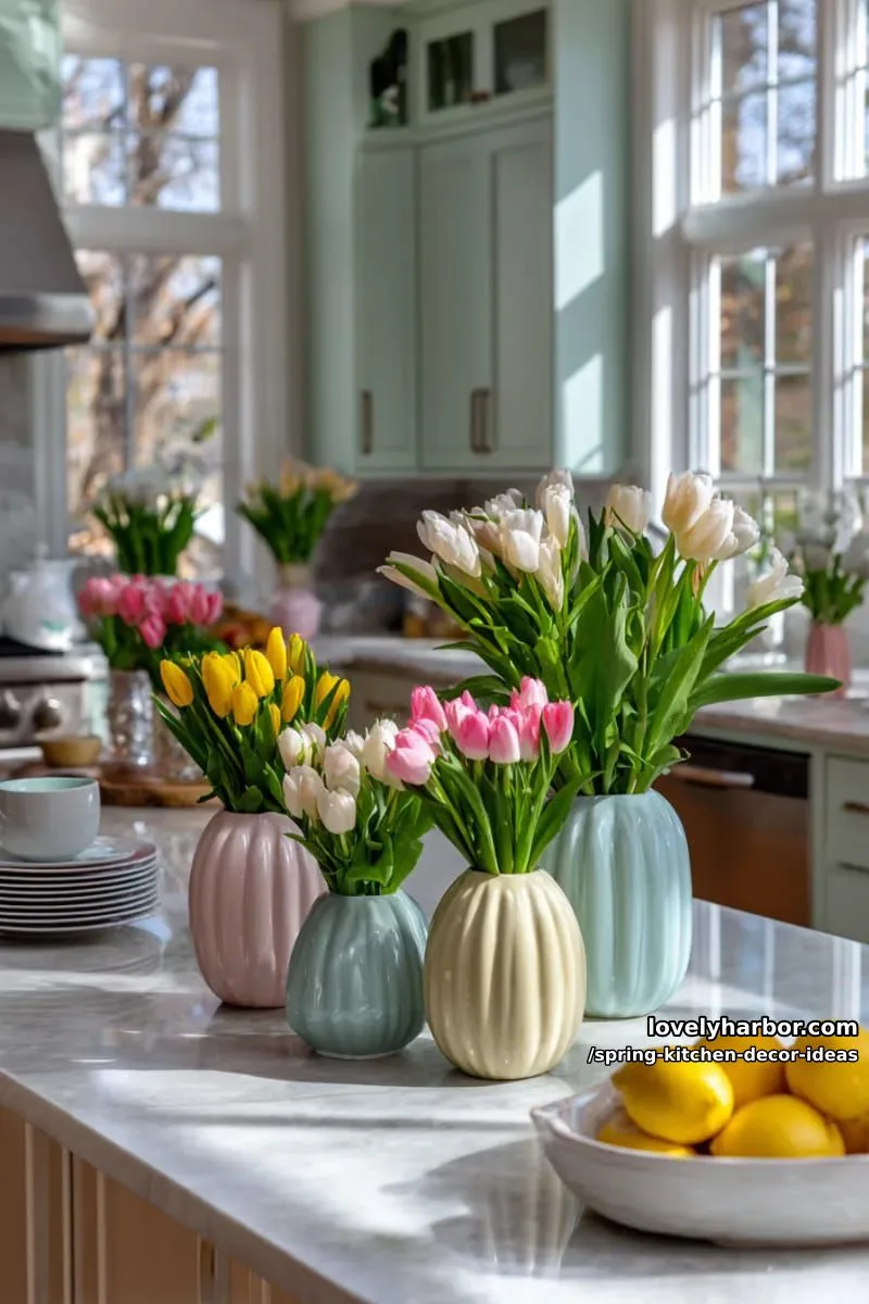 pastel ceramic vases filled with fresh tulips on the kitchen island 1
