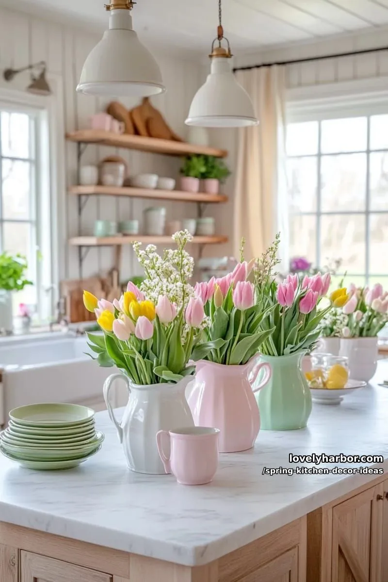 pastel ceramic vases filled with fresh tulips on the kitchen island 1
