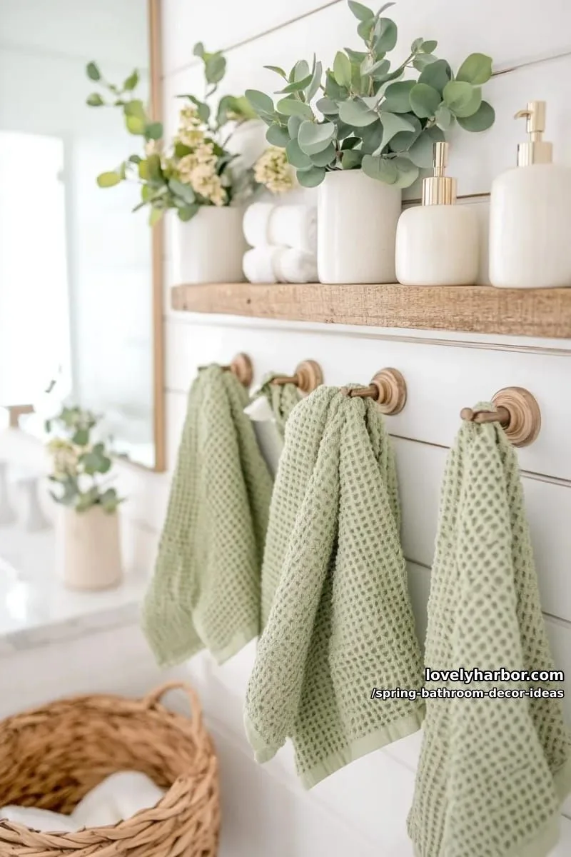 pastel green waffle weave towels draped on rustic wooden towel hooks 1