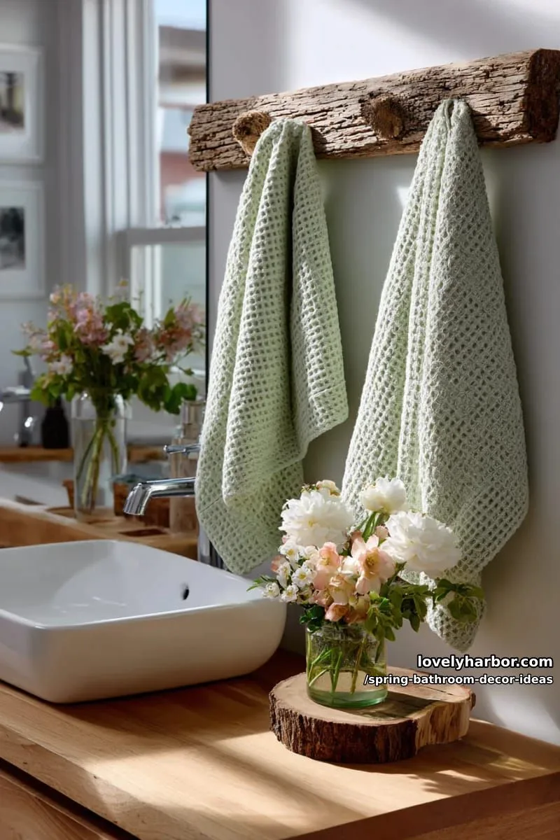 pastel green waffle weave towels draped on rustic wooden towel hooks 1