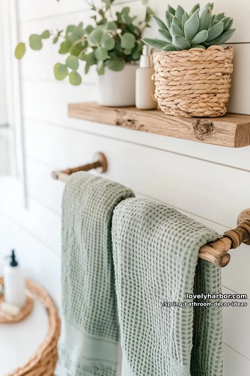 pastel green waffle weave towels draped on rustic wooden towel hooks 1