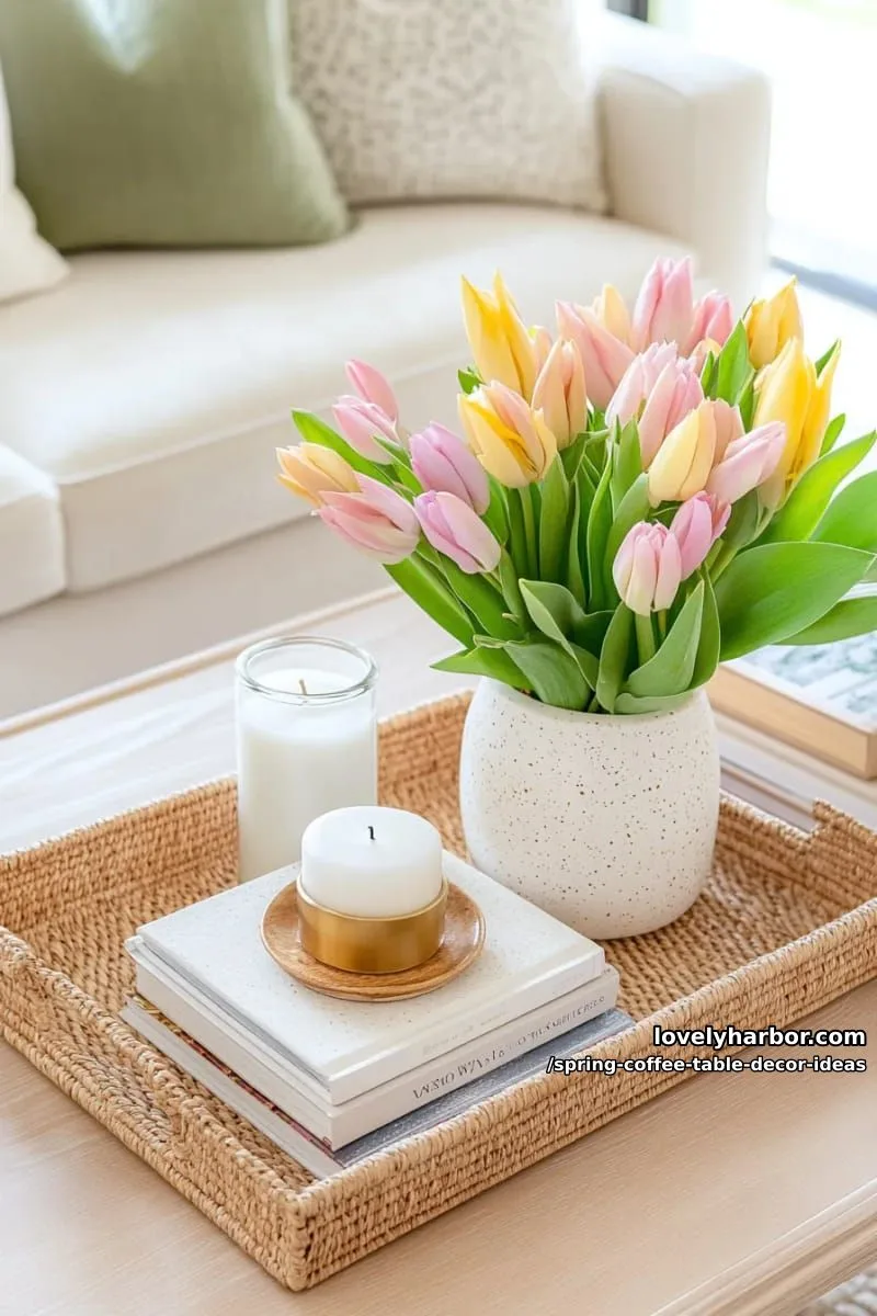 pastel tulips in ceramic vases paired with stacked neutral coffee table books 1