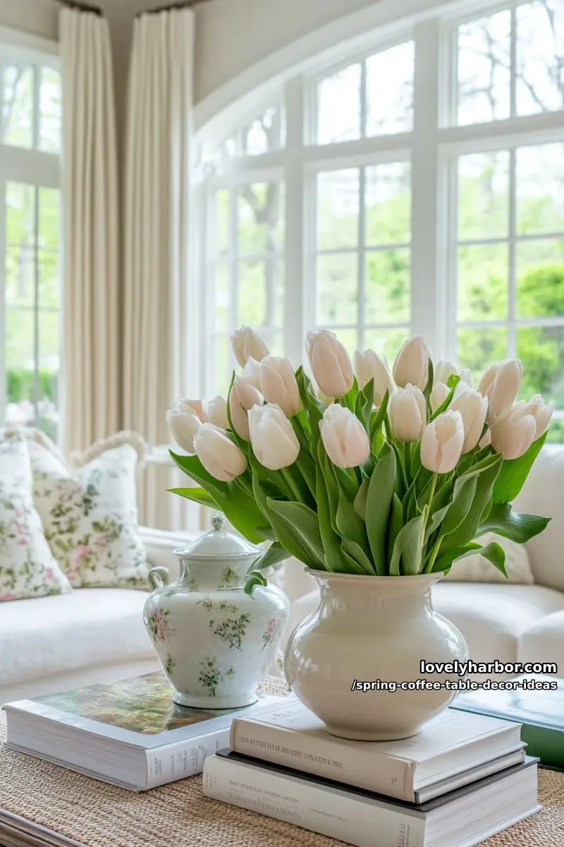 pastel tulips in ceramic vases paired with stacked neutral coffee table books 1