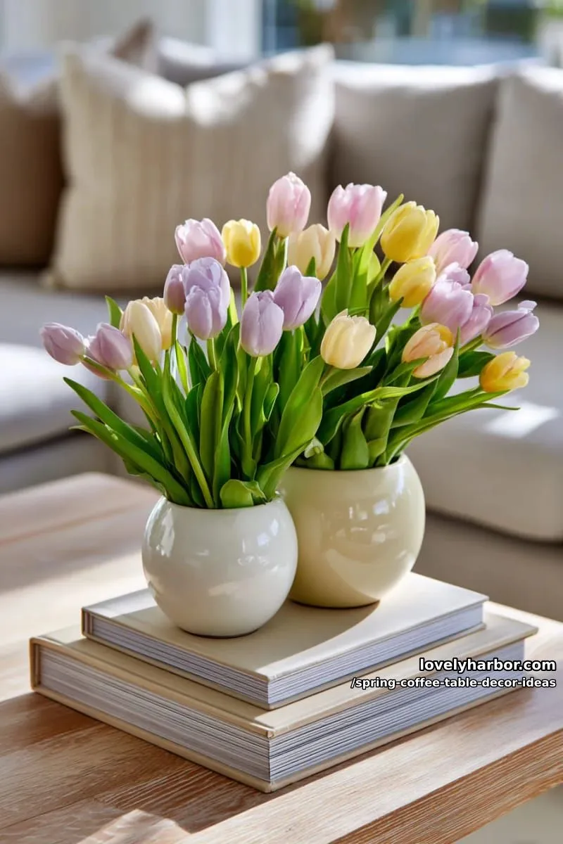 pastel tulips in ceramic vases paired with stacked neutral coffee table books 1