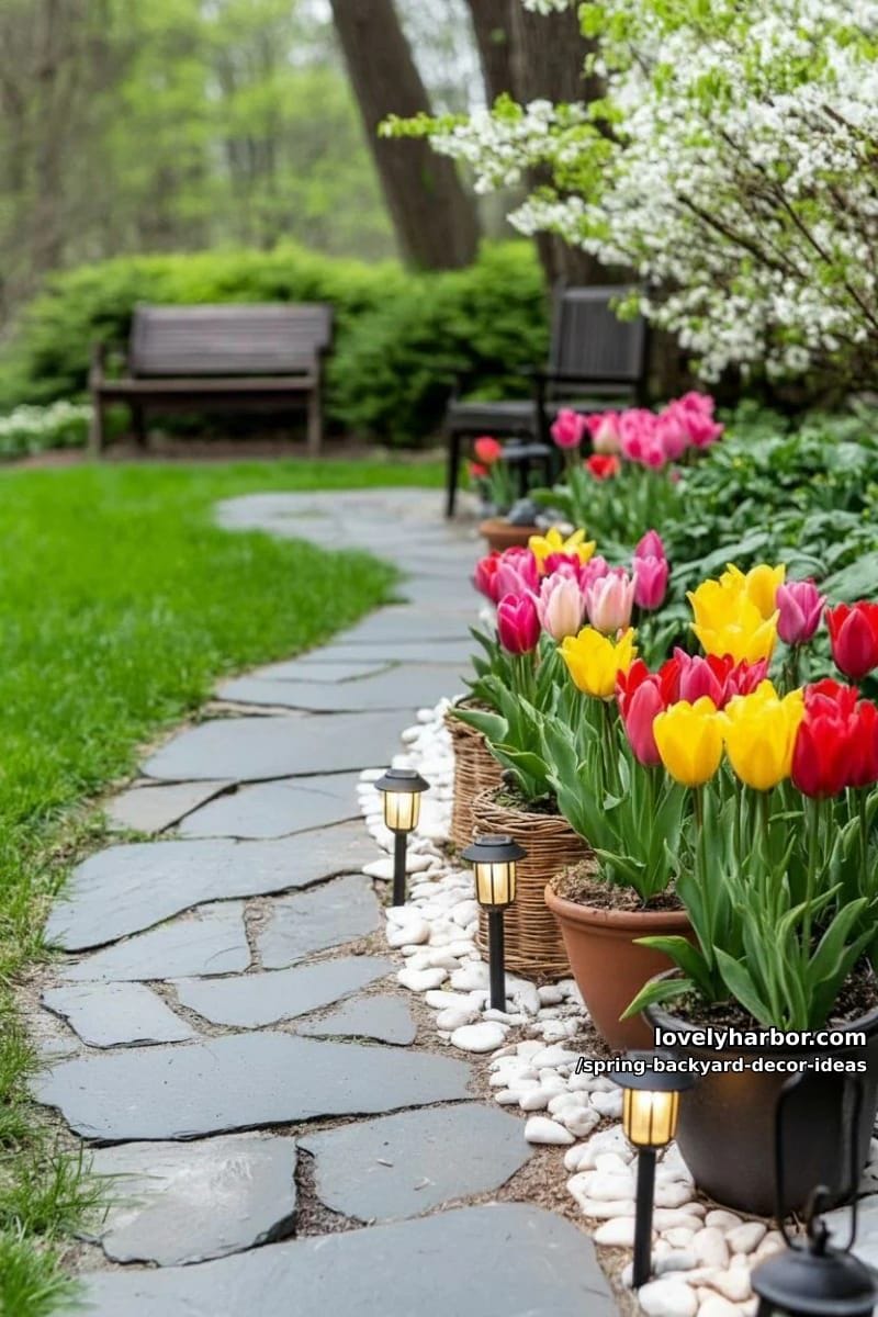pathway lined with solar lanterns and pots of colorful tulips and daffodils 1