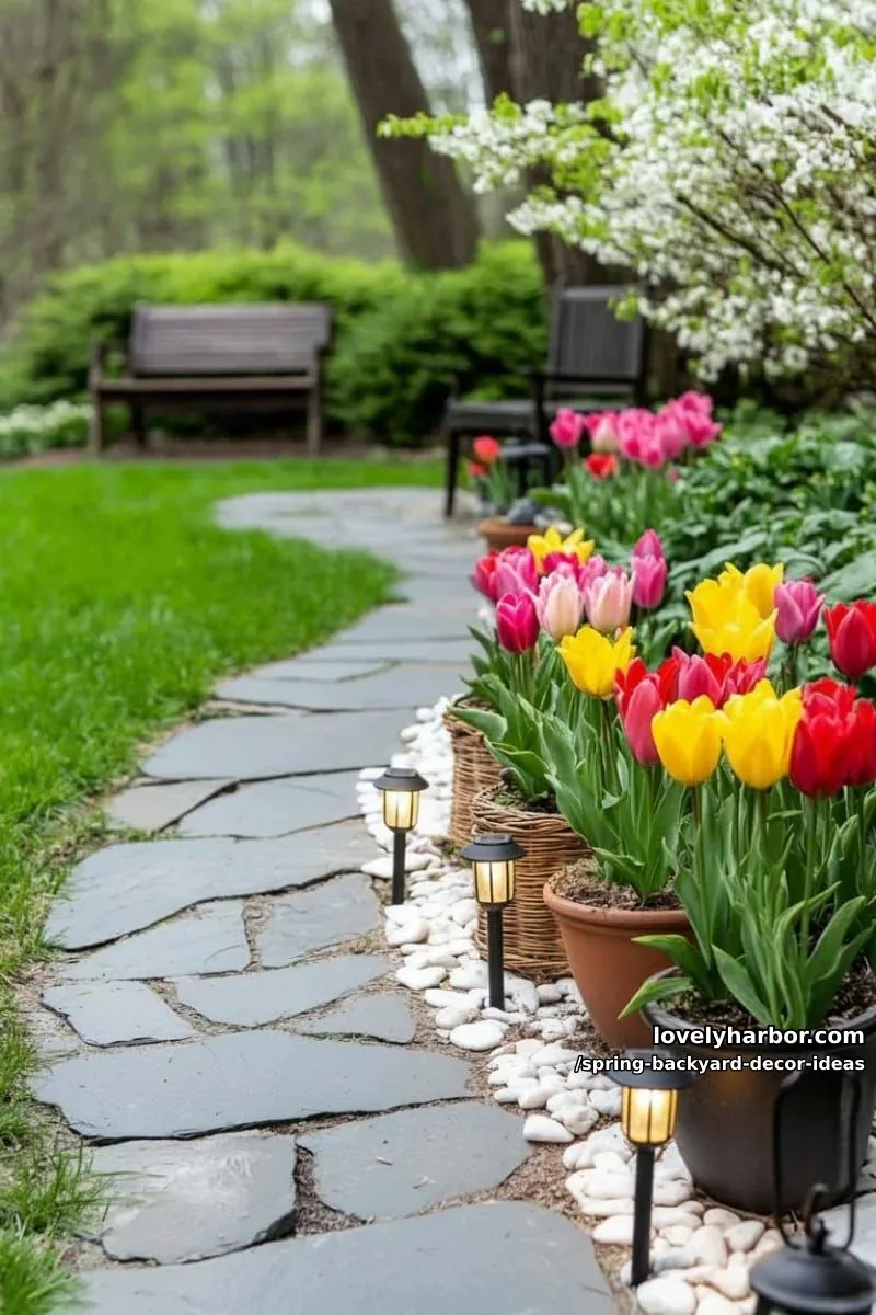 15 Spring Backyard Decor Ideas for Effortless Charm 15 pathway lined with solar lanterns and pots of colorful tulips and daffodils 1