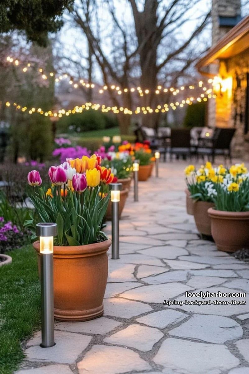 pathway lined with solar lanterns and pots of colorful tulips and daffodils 1
